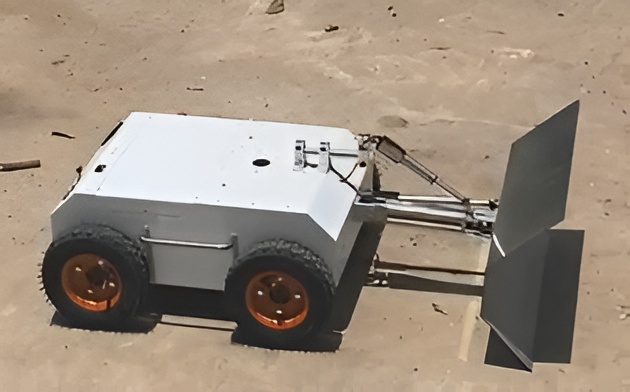 Wheeled robot platform with plow blade angled view