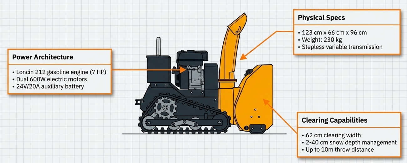 Annotated hardware specifications: power architecture, physical specs, and clearing capabilities